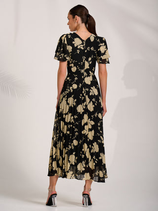 Chiffon Ruffle Sleeve Pleated Maxi Dress, Black Floral