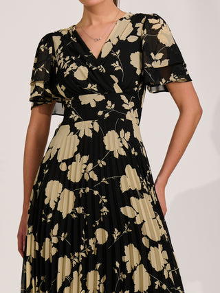 Chiffon Ruffle Sleeve Pleated Maxi Dress, Black Floral