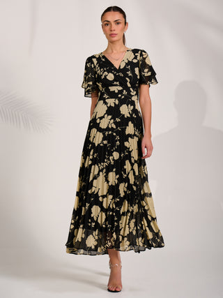Chiffon Ruffle Sleeve Pleated Maxi Dress, Black Floral