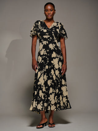 Chiffon Ruffle Sleeve Pleated Maxi Dress, Black Floral