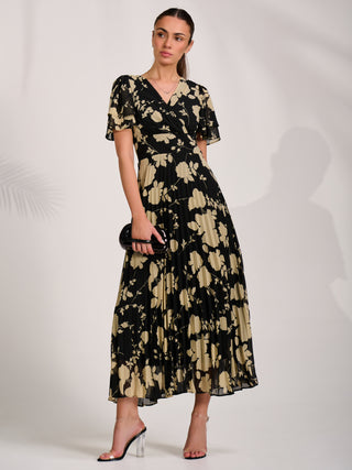 Chiffon Ruffle Sleeve Pleated Maxi Dress, Black Floral