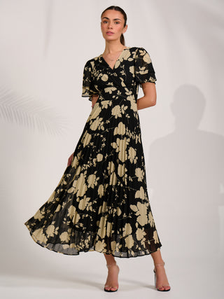 Chiffon Ruffle Sleeve Pleated Maxi Dress, Black Floral