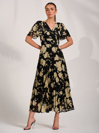 Chiffon Ruffle Sleeve Pleated Maxi Dress, Black Floral