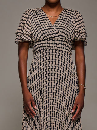 Chiffon Ruffle Sleeve Pleated Maxi Dress, Black Geo