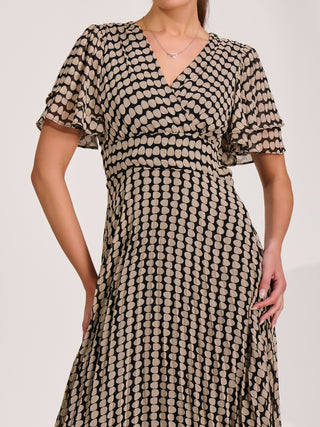 Chiffon Ruffle Sleeve Pleated Maxi Dress, Black Geo