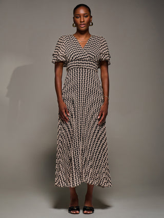 Chiffon Ruffle Sleeve Pleated Maxi Dress, Black Geo