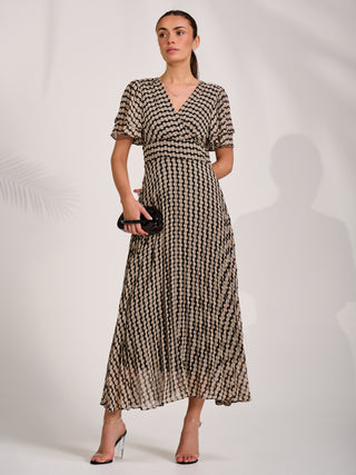 Chiffon Ruffle Sleeve Pleated Maxi Dress, Black Geo