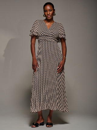 Chiffon Ruffle Sleeve Pleated Maxi Dress, Black Geo