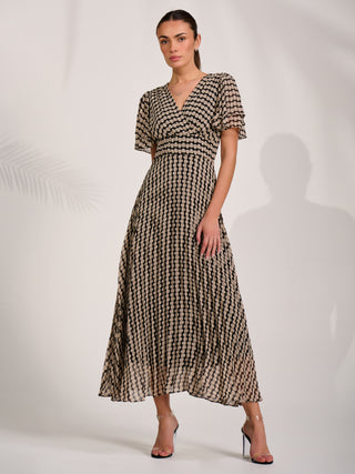 Chiffon Ruffle Sleeve Pleated Maxi Dress, Black Geo