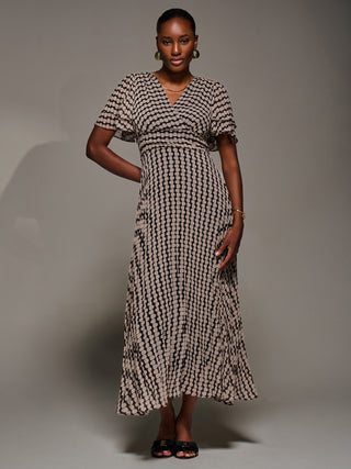 Chiffon Ruffle Sleeve Pleated Maxi Dress, Black Geo