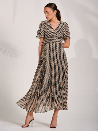 Chiffon Ruffle Sleeve Pleated Maxi Dress, Black Geo