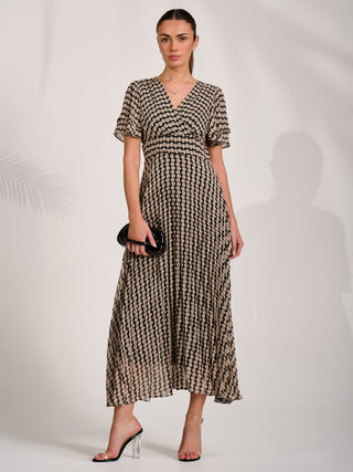 Chiffon Ruffle Sleeve Pleated Maxi Dress, Black Geo