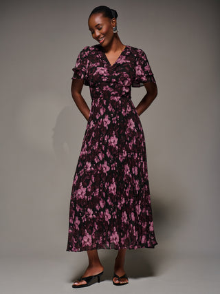 Chiffon Ruffle Sleeve Pleated Maxi Dress, Purple Floral Jolie Moi Retail Chiffon Ruffle Sleeve Pleated Maxi Dress, Purple Floral Jolie Moi Retail