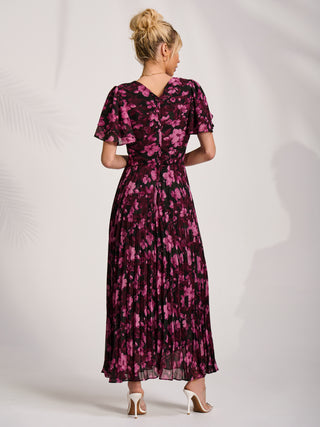 Chiffon Ruffle Sleeve Pleated Maxi Dress, Purple Floral Jolie Moi Retail Chiffon Ruffle Sleeve Pleated Maxi Dress, Purple Floral Jolie Moi Retail