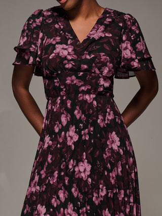 Chiffon Ruffle Sleeve Pleated Maxi Dress, Purple Floral