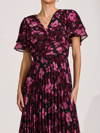 Chiffon Ruffle Sleeve Pleated Maxi Dress, Purple Floral