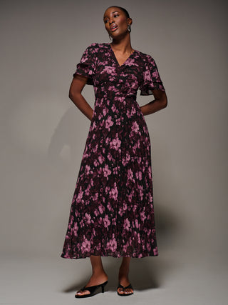 Chiffon Ruffle Sleeve Pleated Maxi Dress, Purple Floral