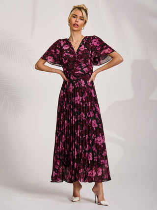 Chiffon Ruffle Sleeve Pleated Maxi Dress, Purple Floral
