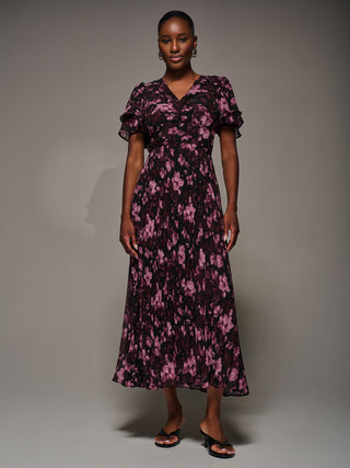 Chiffon Ruffle Sleeve Pleated Maxi Dress, Purple Floral