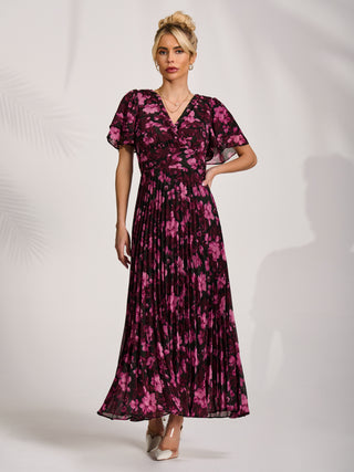 Chiffon Ruffle Sleeve Pleated Maxi Dress, Purple Floral