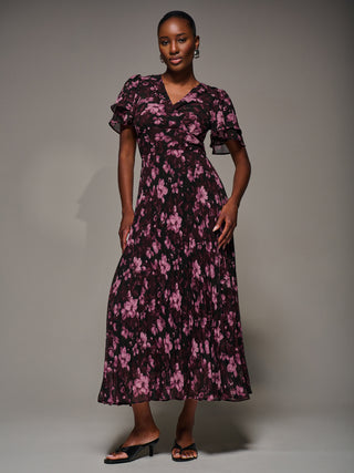 Chiffon Ruffle Sleeve Pleated Maxi Dress, Purple Floral