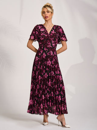 Chiffon Ruffle Sleeve Pleated Maxi Dress, Purple Floral