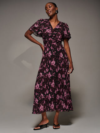Chiffon Ruffle Sleeve Pleated Maxi Dress, Purple Floral