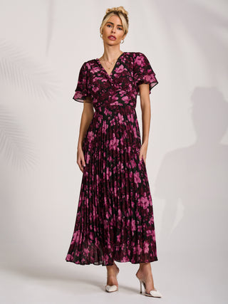 Chiffon Ruffle Sleeve Pleated Maxi Dress, Purple Floral