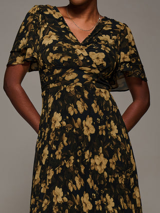 Chiffon Ruffle Sleeve Pleated Maxi Dress, Yellow Floral