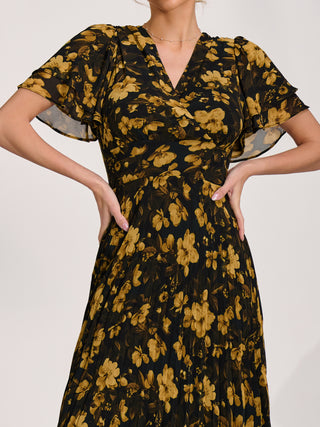 Chiffon Ruffle Sleeve Pleated Maxi Dress, Yellow Floral