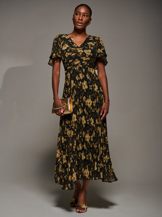Chiffon Ruffle Sleeve Pleated Maxi Dress, Yellow Floral