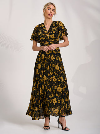 Chiffon Ruffle Sleeve Pleated Maxi Dress, Yellow Floral