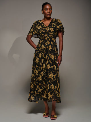 Chiffon Ruffle Sleeve Pleated Maxi Dress, Yellow Floral