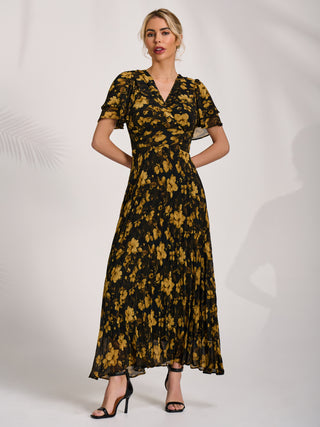 Chiffon Ruffle Sleeve Pleated Maxi Dress, Yellow Floral