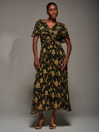 Chiffon Ruffle Sleeve Pleated Maxi Dress, Yellow Floral