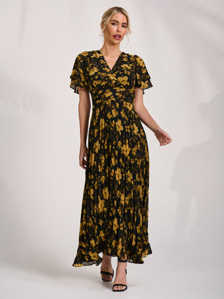Chiffon Ruffle Sleeve Pleated Maxi Dress, Yellow Floral