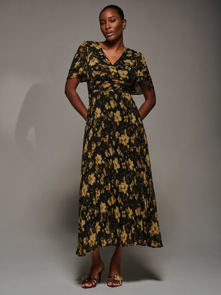 Chiffon Ruffle Sleeve Pleated Maxi Dress, Yellow Floral