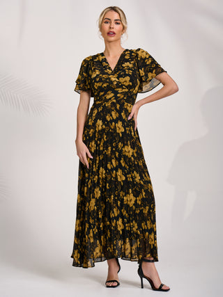 Chiffon Ruffle Sleeve Pleated Maxi Dress, Yellow Floral