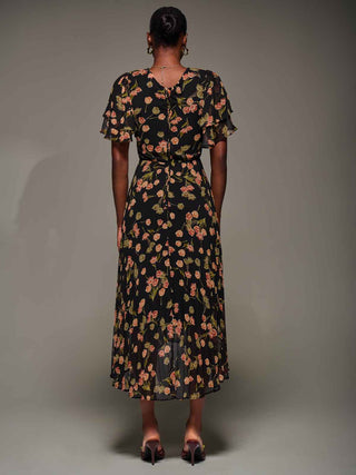 Angel Sleeve Pleated Chiffon Midaxi Dress, Black Floral