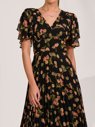 Angel Sleeve Pleated Chiffon Midaxi Dress, Black Floral