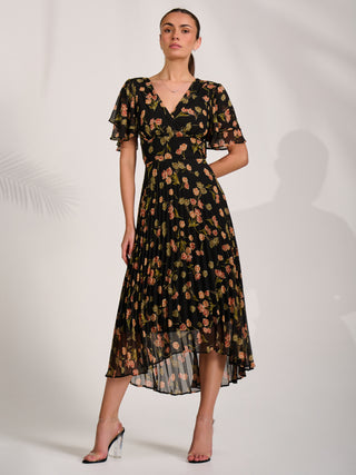 Angel Sleeve Pleated Chiffon Midaxi Dress, Black Floral