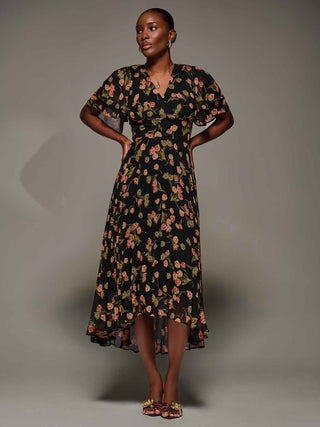 Angel Sleeve Pleated Chiffon Midaxi Dress, Black Floral