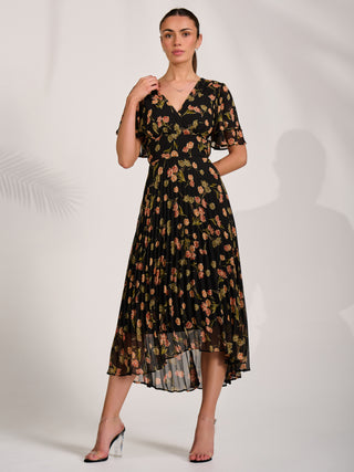 Angel Sleeve Pleated Chiffon Midaxi Dress, Black Floral