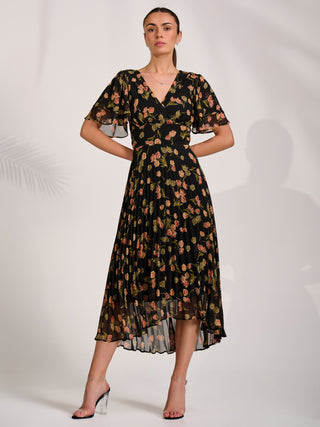 Angel Sleeve Pleated Chiffon Midaxi Dress, Black Floral