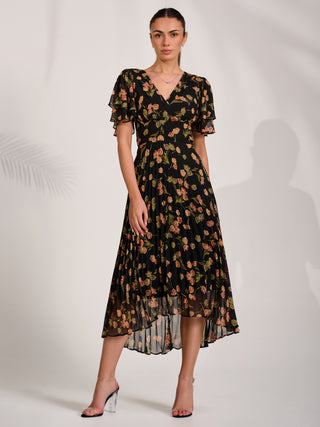 Angel Sleeve Pleated Chiffon Midaxi Dress, Black Floral