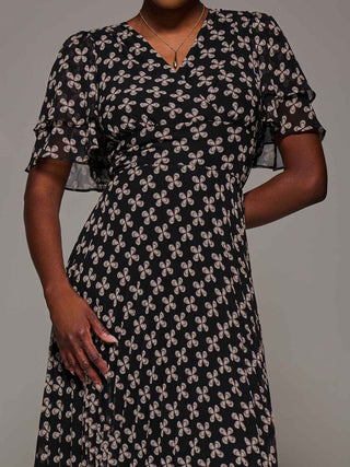 Angel Sleeve Pleated Chiffon Midaxi Dress, Black Geo