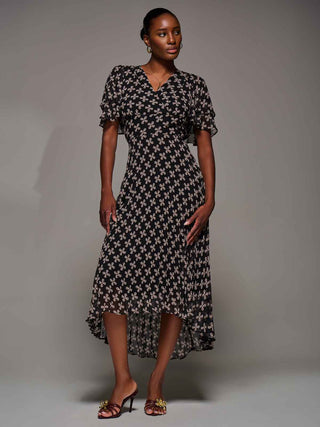 Angel Sleeve Pleated Chiffon Midaxi Dress, Black Geo