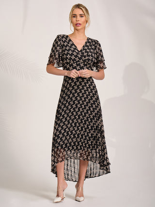Angel Sleeve Pleated Chiffon Midaxi Dress, Black Geo