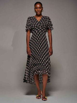 Angel Sleeve Pleated Chiffon Midaxi Dress, Black Geo