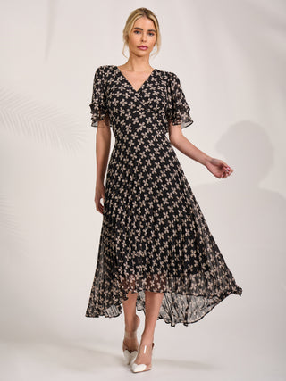 Angel Sleeve Pleated Chiffon Midaxi Dress, Black Geo